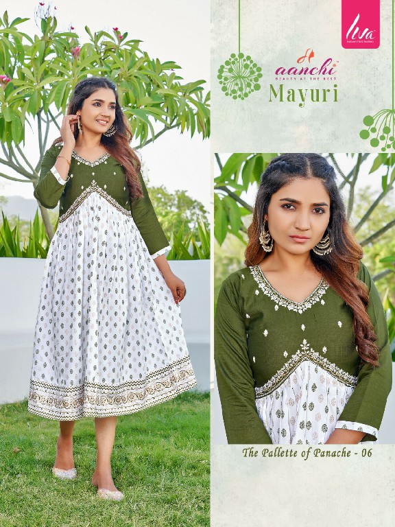 AANCHI MAYURI FANCY COMFY WEAR ALIA CUT FULL STITCH EMBROIDERY WORK LONG KURTI