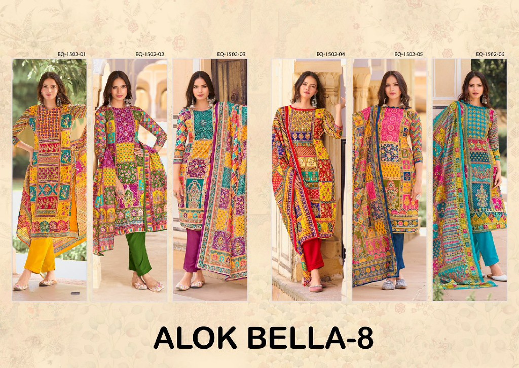 Alok Bella Vol-8 Wholesale Pure Muslin Designer With Aari Mirror Hand Work Dress Material