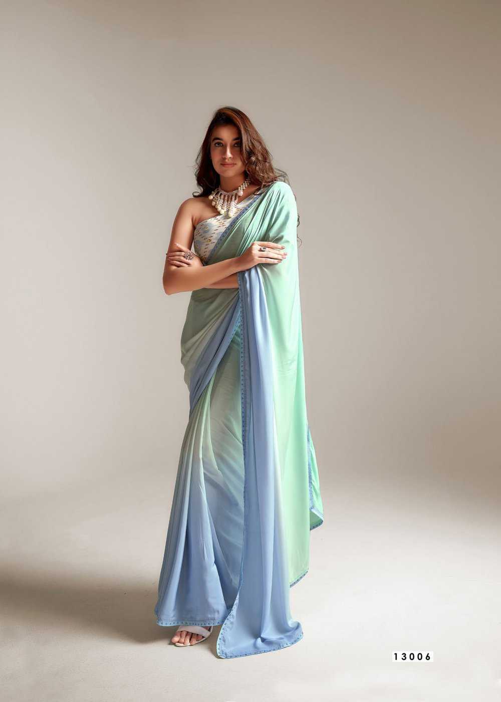 SANSKAR TEX NEXA ETHNIC STYLE SATIN GEORGETTE SIROWSKI WORK SAREE WHOLESALER