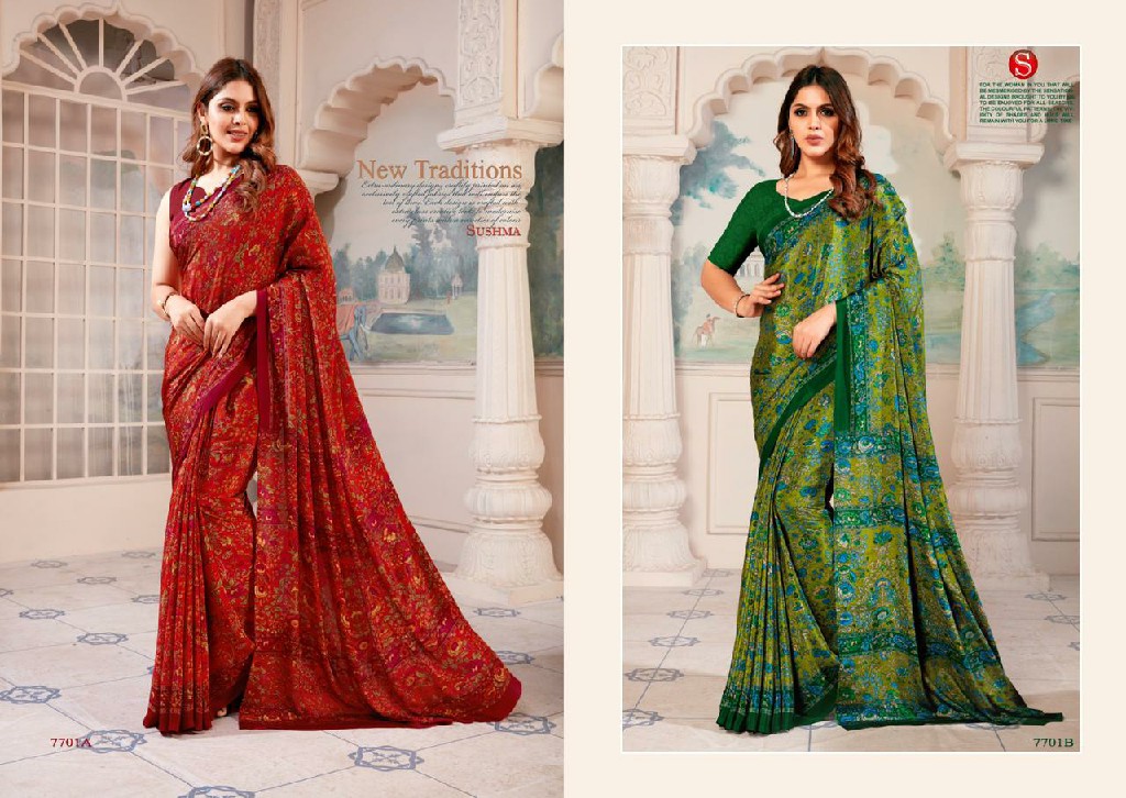 Sushma Silk Stars Wholesale Silky Print Crape Sarees Catalog