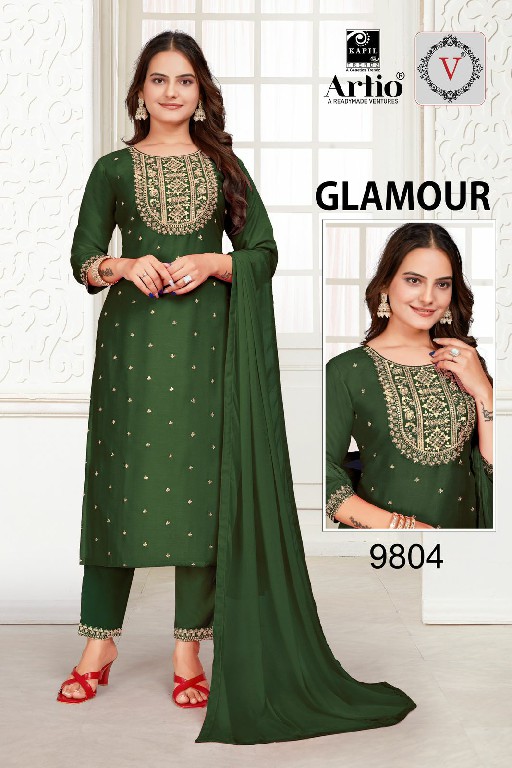 Artio Glamour Wholesale Vichitra Silk With Neck And Butti Work Kurti With Pant And Dupatta Combo