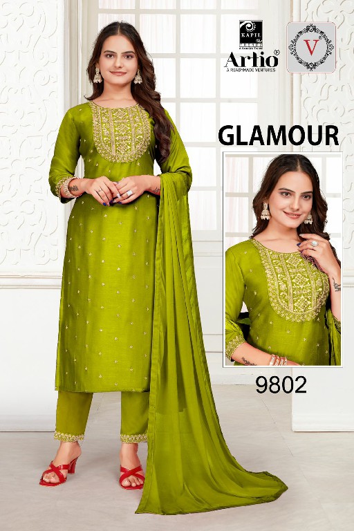 Artio Glamour Wholesale Vichitra Silk With Neck And Butti Work Kurti With Pant And Dupatta Combo