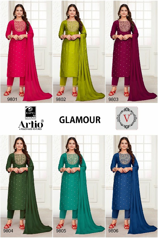 Artio Glamour Wholesale Vichitra Silk With Neck And Butti Work Kurti With Pant And Dupatta Combo