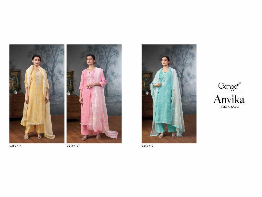 Ganga Anvika S2597 Wholesale Premium Cotton Linen Printed With Embroidery Suits