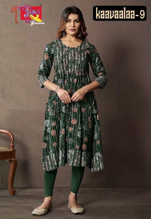 Ambika Kaavaalaa Vol-9 Wholesale Mirror Work On Neck With Ghera Style Kurtis Combo