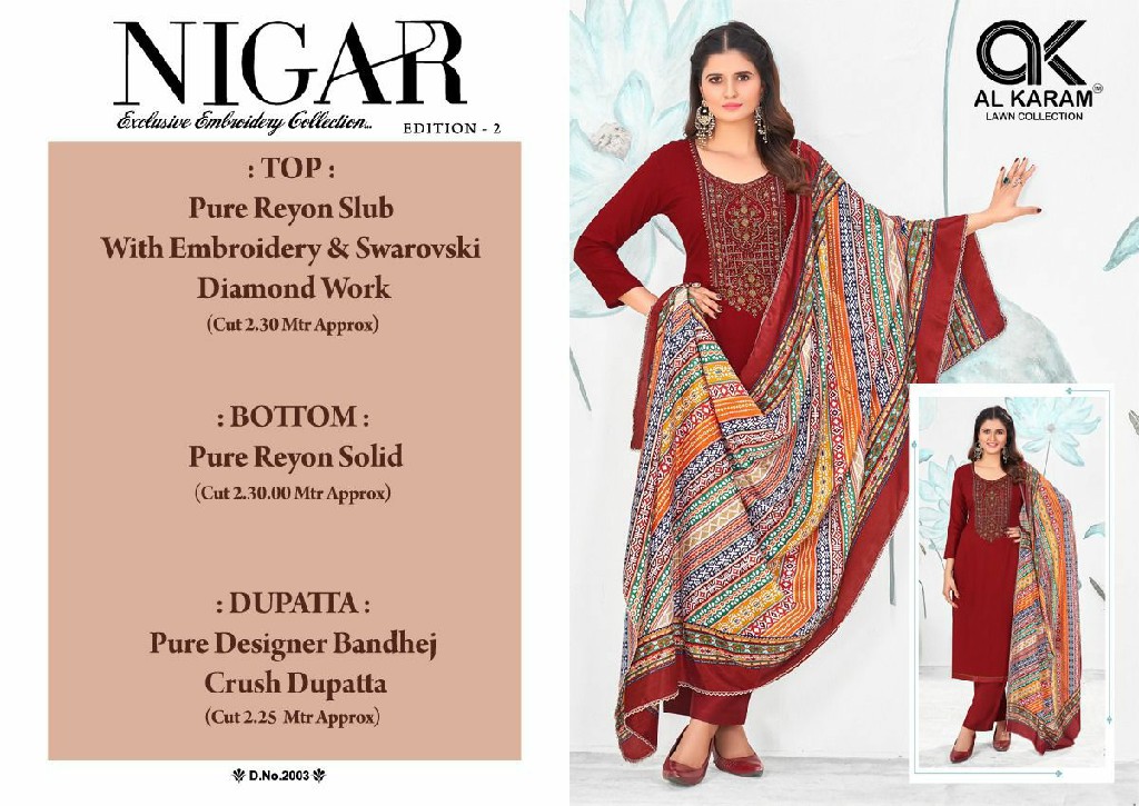 Al Karam Nigar Vol-2 Wholesale Embroidery Cotton Dress Material