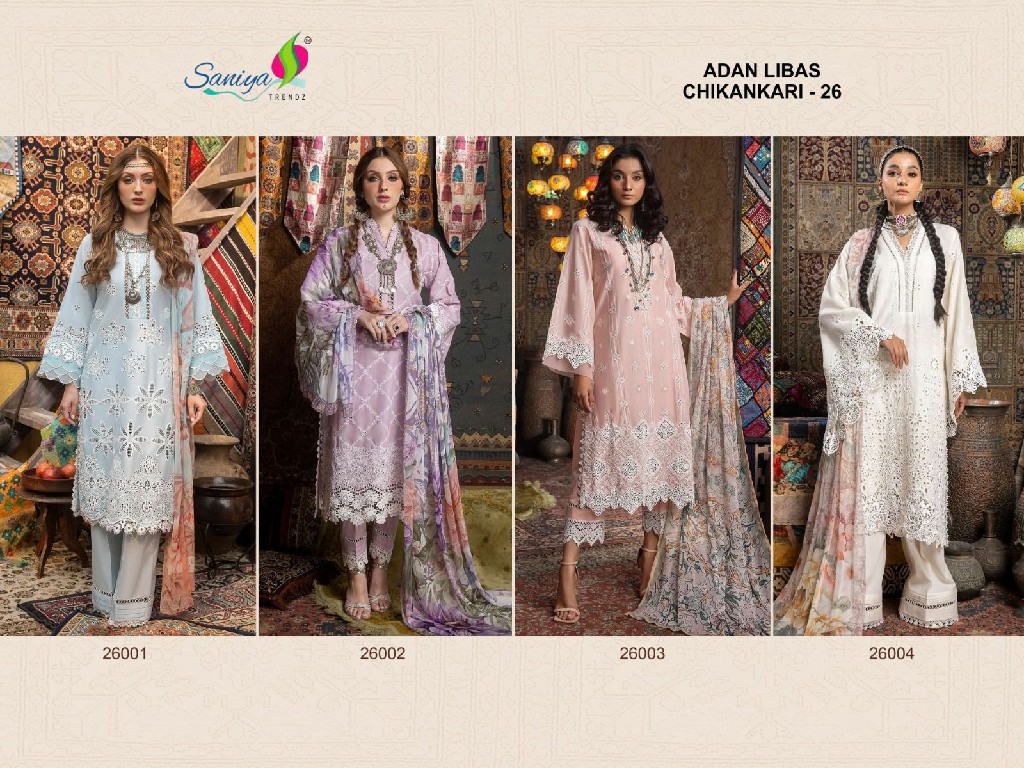 SANIYA TRENDZ ADAN LIBAS CHIKANKARI 26 COTTON PAKISTANI KURTI PANT DUPATTA