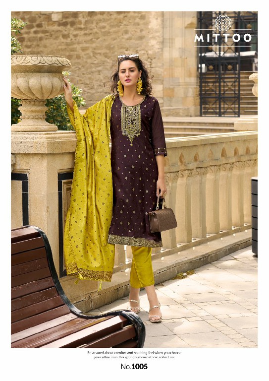 MIttoo Aafreen Wholesale Pure Muslin Jacquard Kurti With Pant And Dupatta