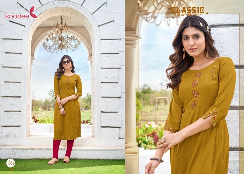 Koodee Janvi Wholesale Heavy Reyon With Embroidery Long Kurtis