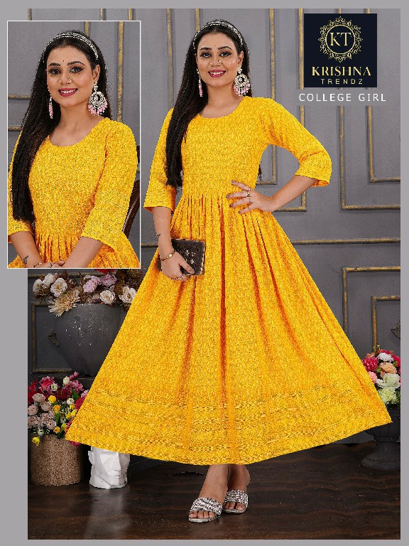 Krishna Trendz College Girl Wholesale Anarkali Schiffi Work Kurtis