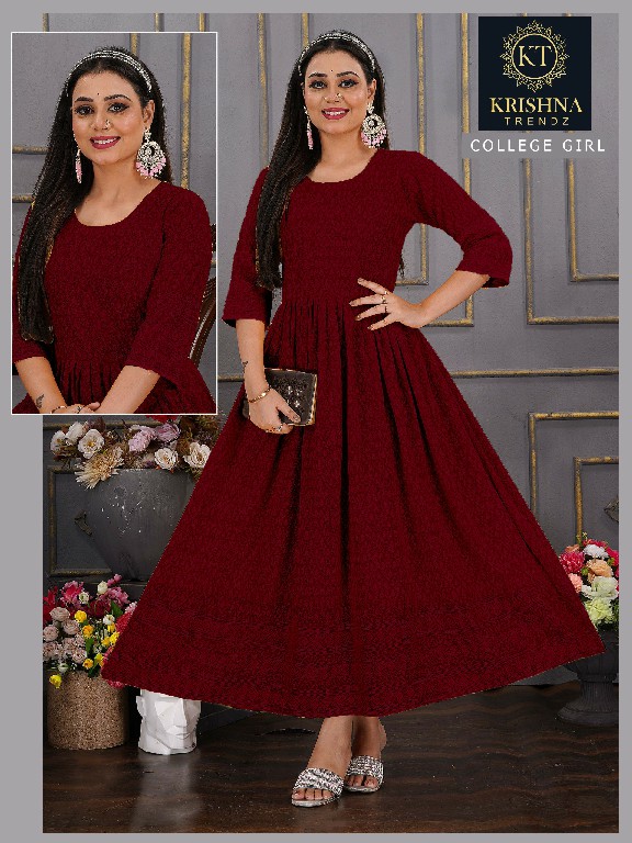 Krishna Trendz College Girl Wholesale Anarkali Schiffi Work Kurtis