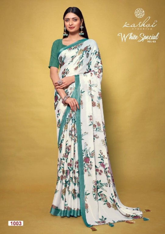 KASHVI CREATION WHITE SPECIAL VOL 3 BEAUTIFUL DULL MOSS SAREES WHOLESALER