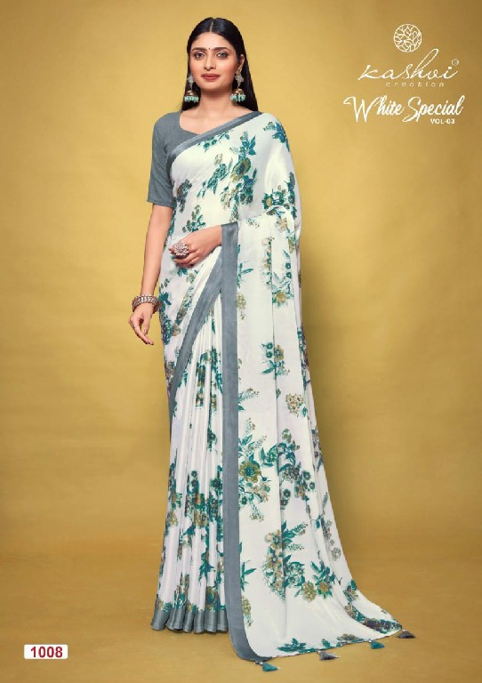 KASHVI CREATION WHITE SPECIAL VOL 3 BEAUTIFUL DULL MOSS SAREES WHOLESALER