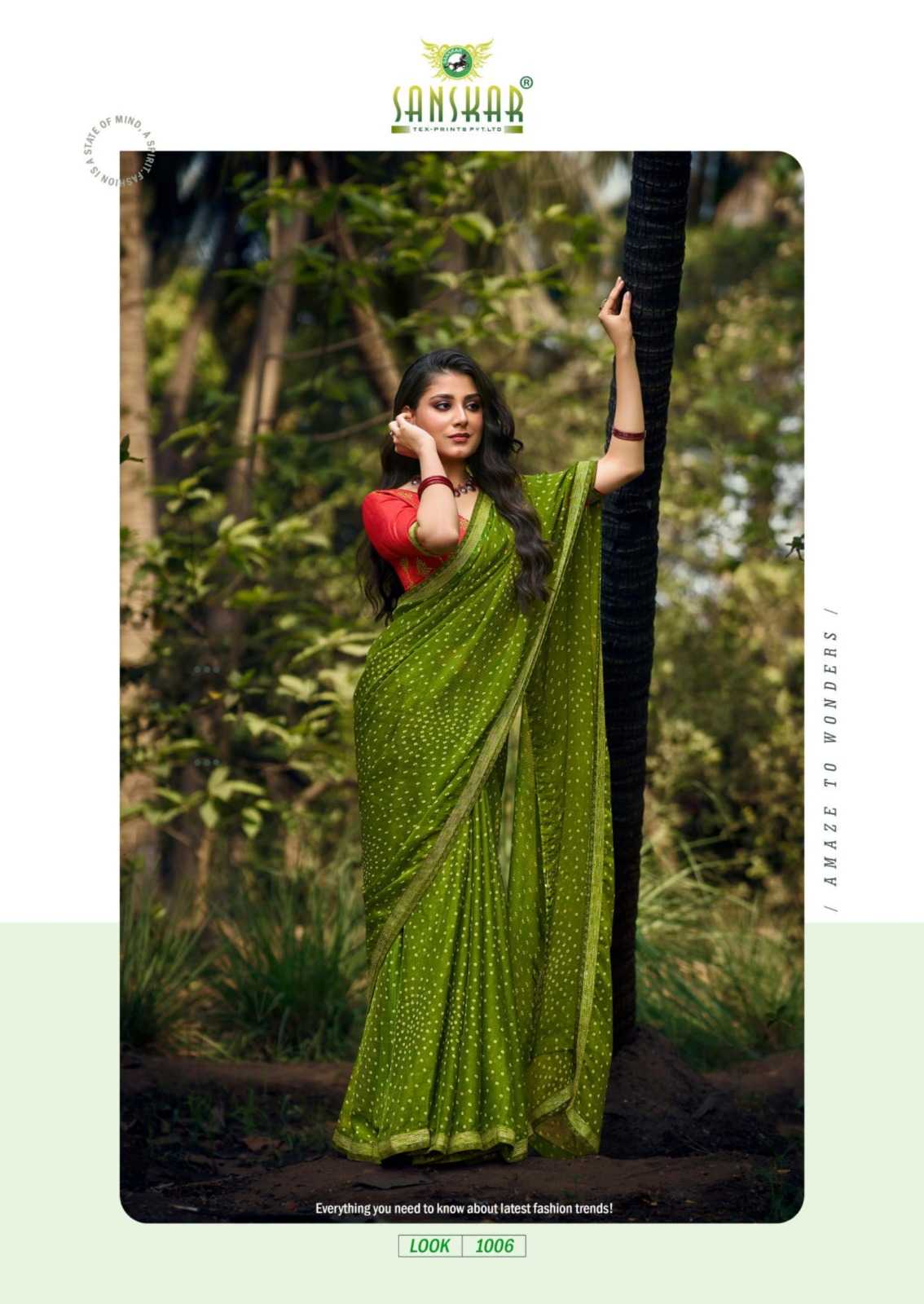 SANSKAR TEX PRINTS MADHUVAN CHIFFON SIROWSKI BORDER SAREE WITH BLOUSE