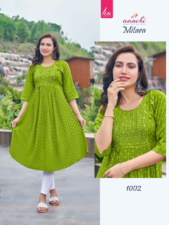 Aanchi Mitara Wholesale Silver Print With Self Embroidery Work Flair Kurtis