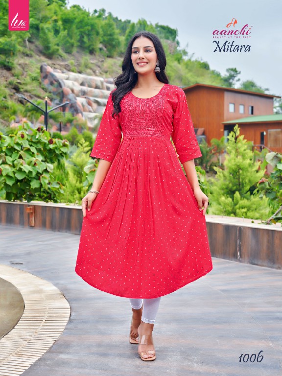 Aanchi Mitara Wholesale Silver Print With Self Embroidery Work Flair Kurtis