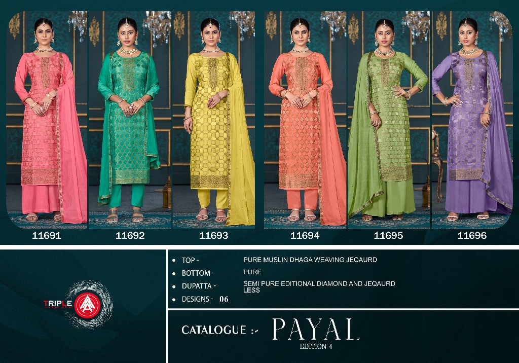 Triple AAA Payal Vol-4 Wholesale Pure Muslin Dhaga Weaving Jacquard Dress Material