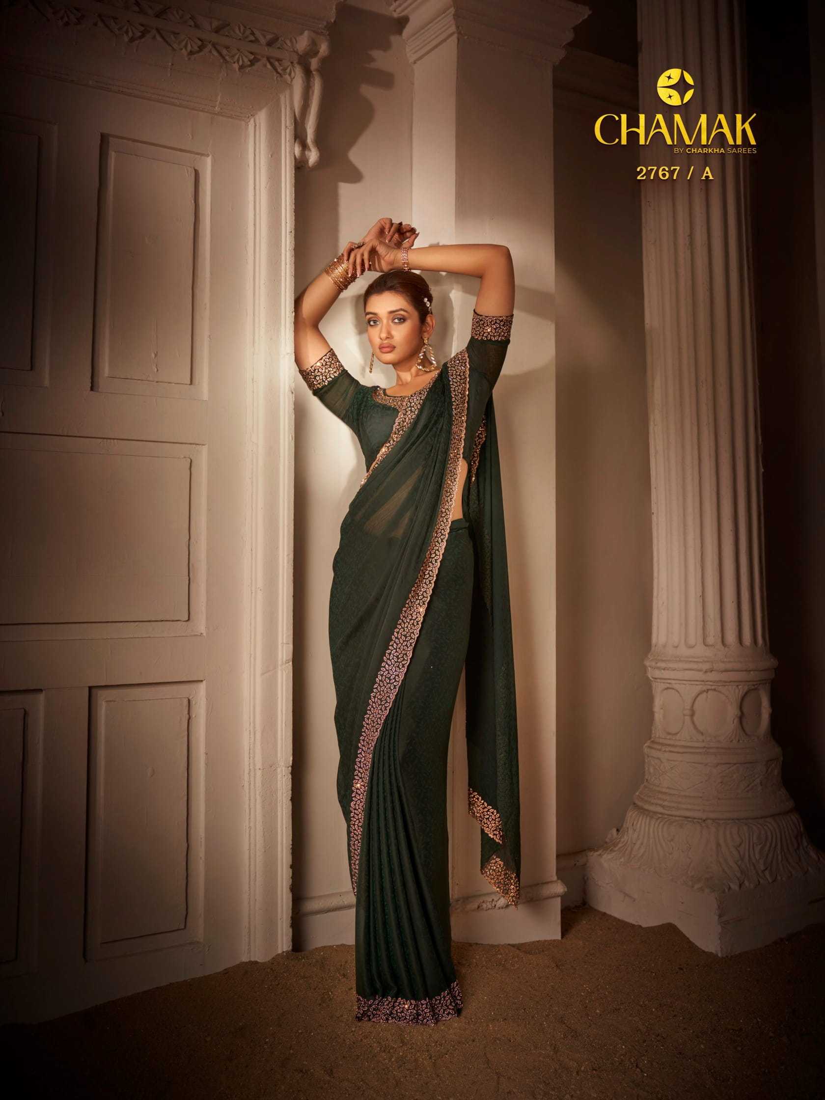 CHAMAK VOL 2767 BY CHARKHA SATIN ZARKAN WORK FASHIONABLE DESIGNER SAREE EXPORTS