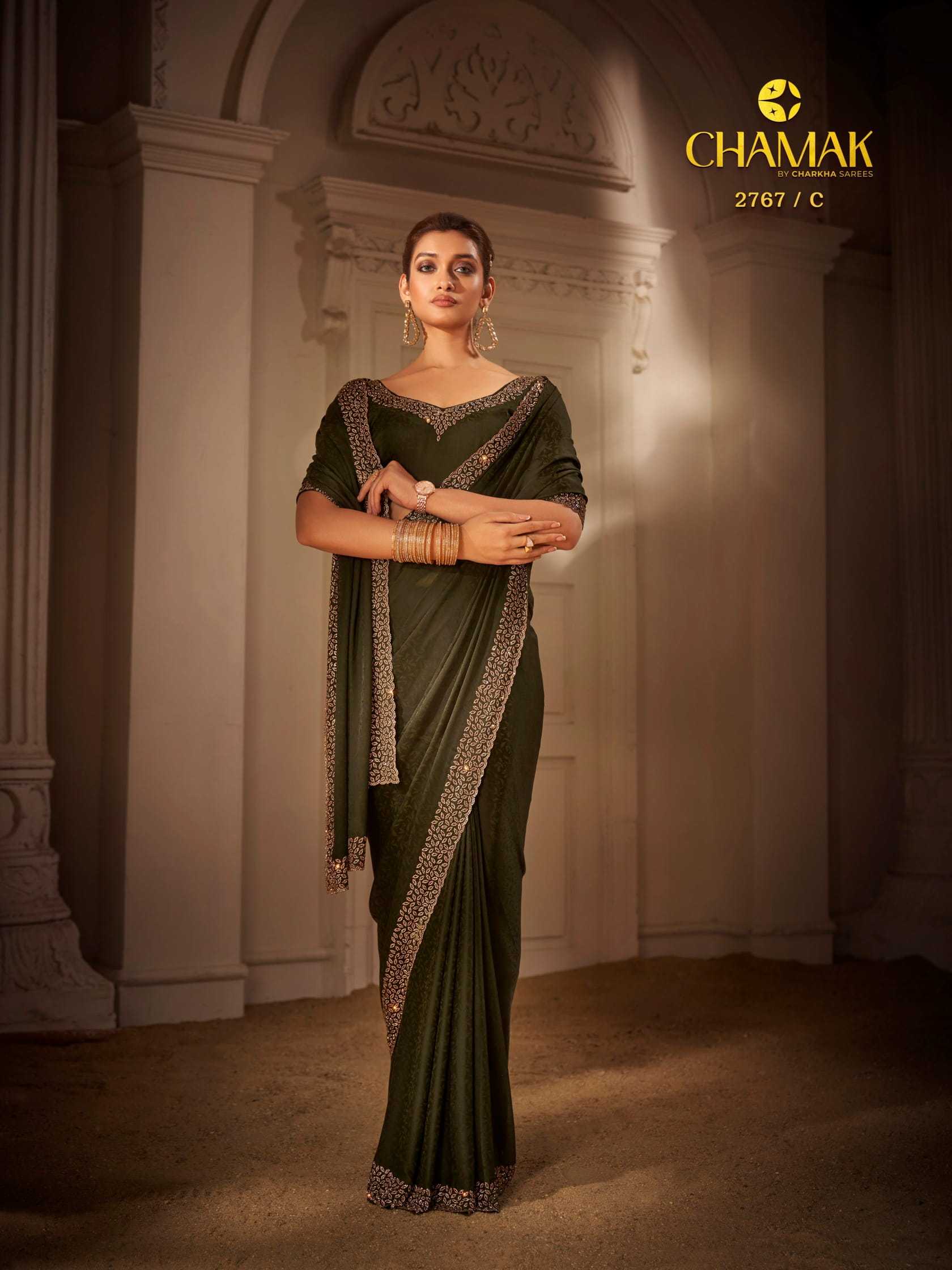 CHAMAK VOL 2767 BY CHARKHA SATIN ZARKAN WORK FASHIONABLE DESIGNER SAREE EXPORTS