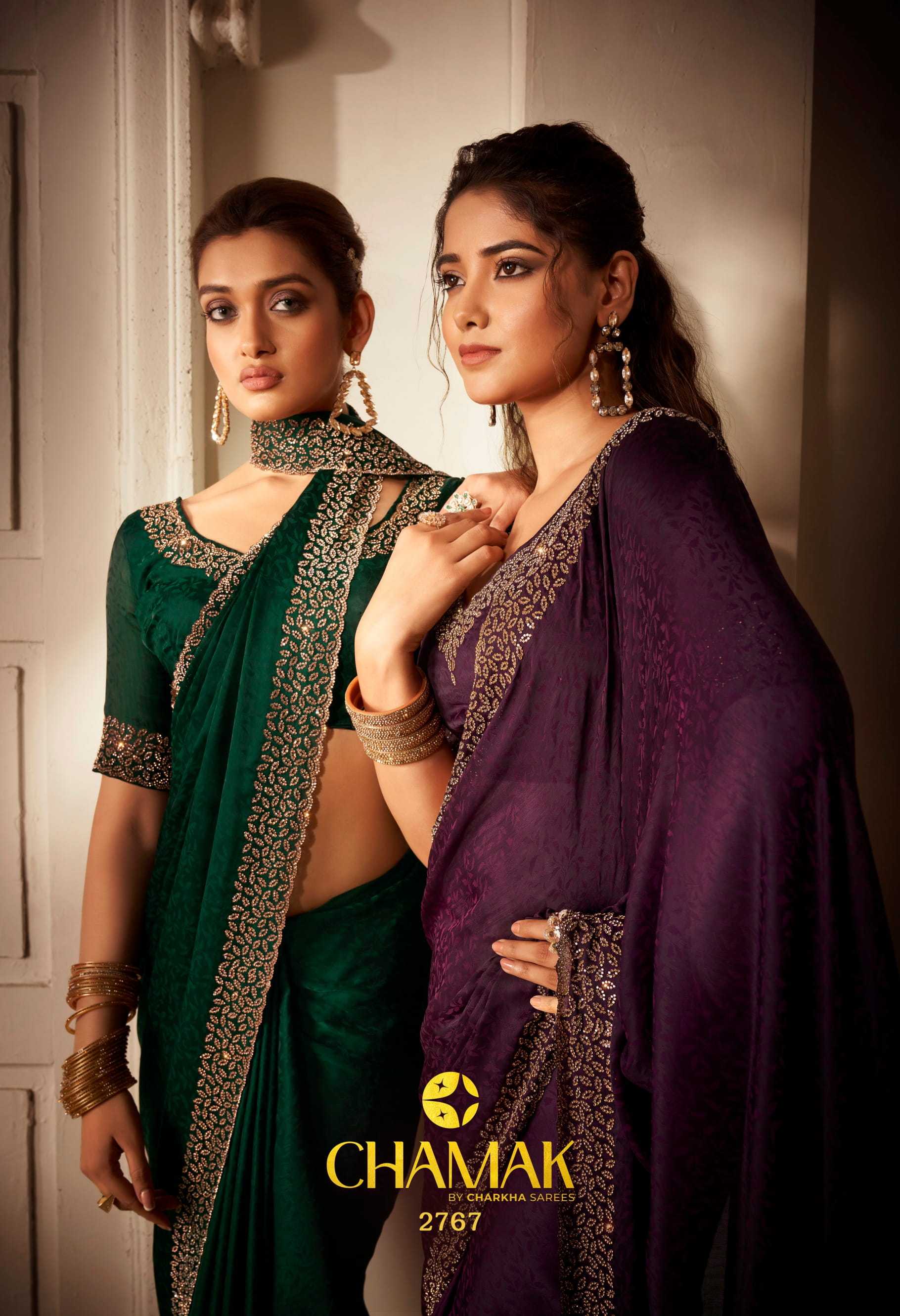 CHAMAK VOL 2767 BY CHARKHA SATIN ZARKAN WORK FASHIONABLE DESIGNER SAREE EXPORTS