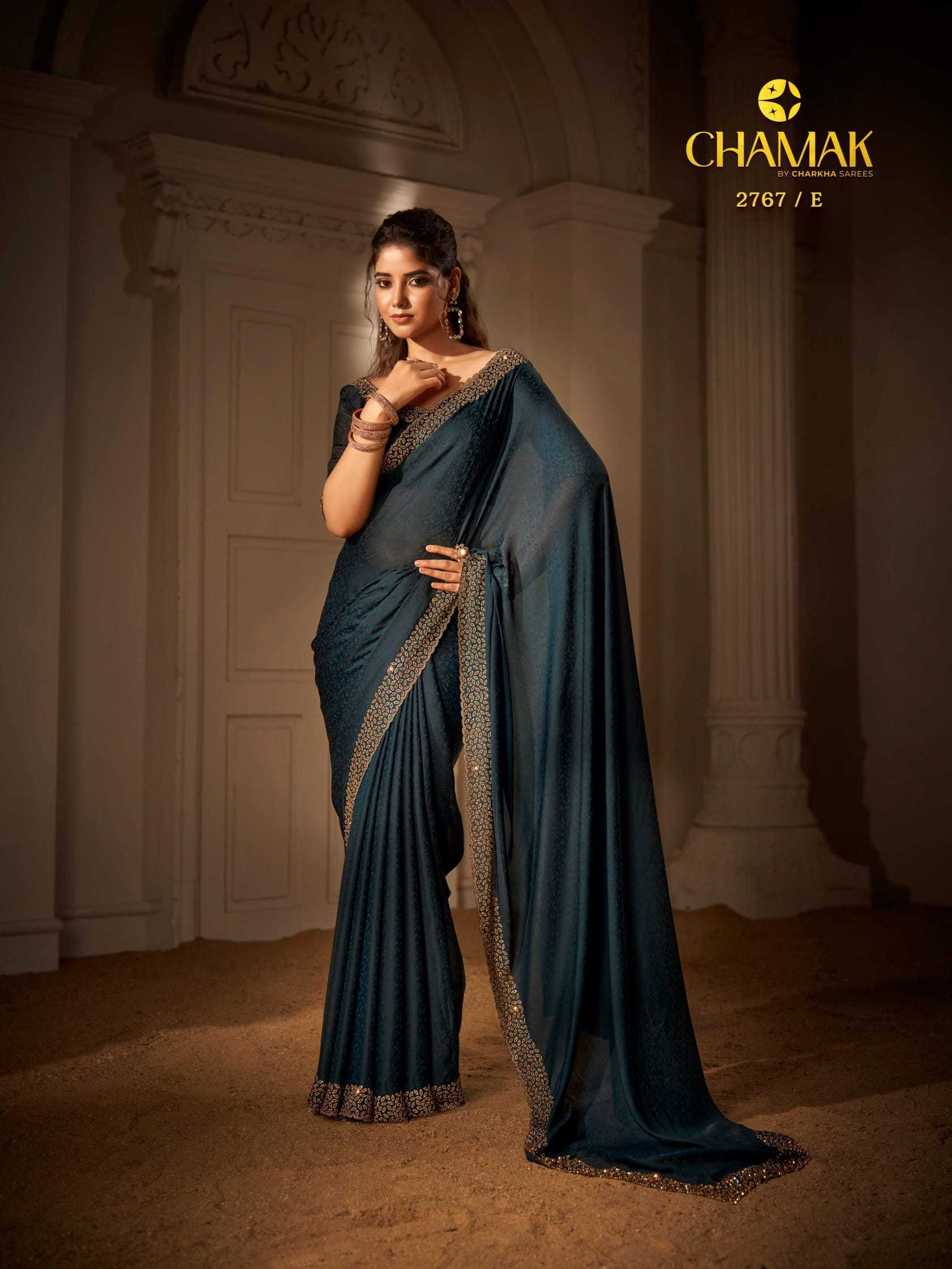 CHAMAK VOL 2767 BY CHARKHA SATIN ZARKAN WORK FASHIONABLE DESIGNER SAREE EXPORTS