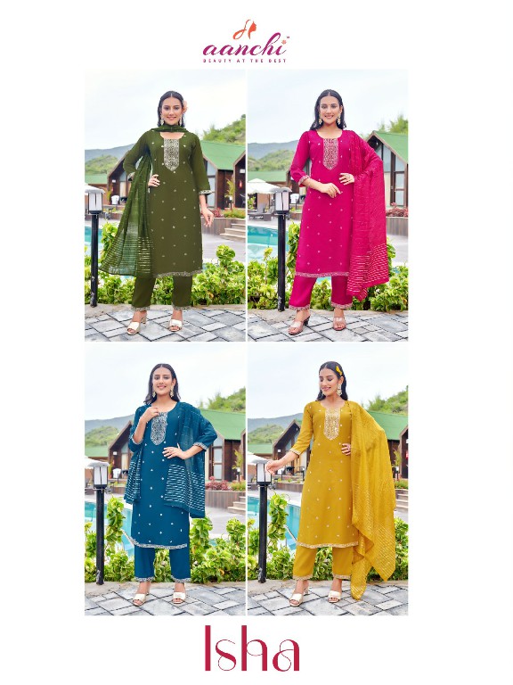 Aanchi Isha Wholesale Roman Silk With Lining Kurtis With Pant And Dupatta