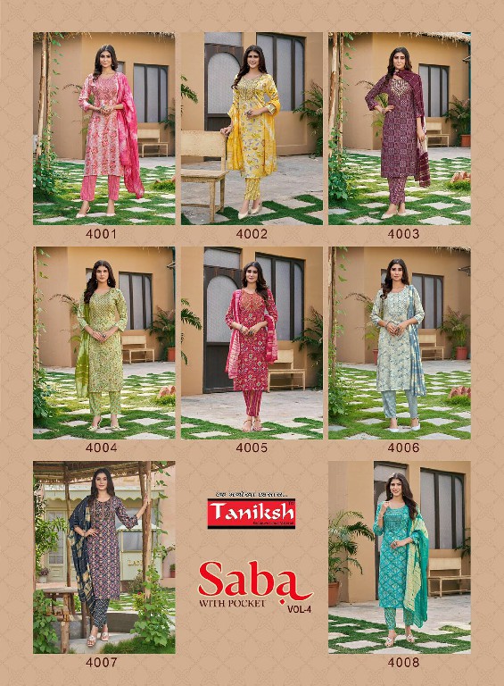 Taniksh Saba Vol-4 Wholesale Embroidery Readymade 3 Piece Suits