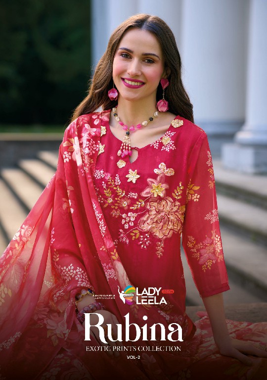 Lady Leela Rubina Vol-2 Wholesale Organza Fabrics With Handwork Kurtis Pant And Dupatta