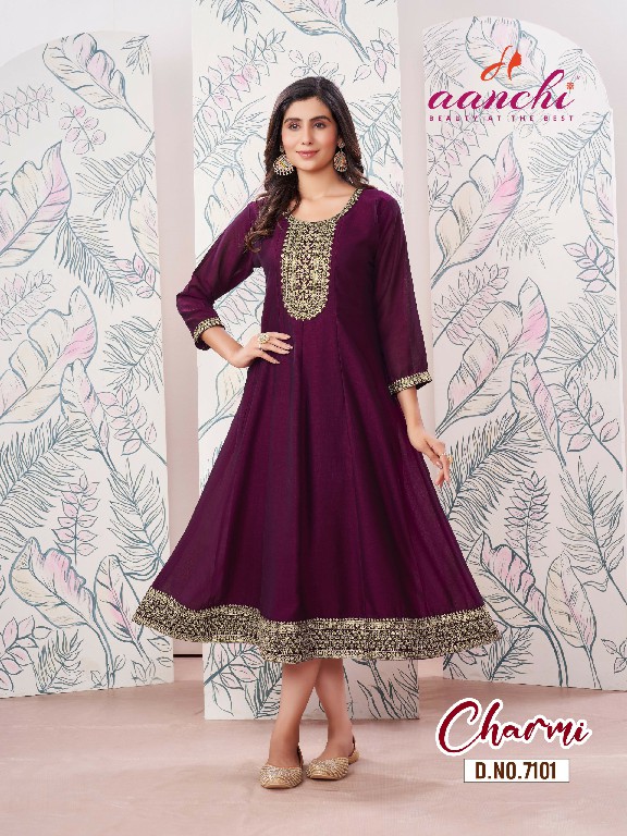 Aanchi Charmi Wholesale Flair Kali Cut With Embroidery Work Kurtis