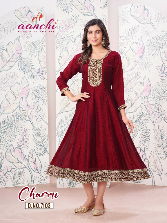 Aanchi Charmi Wholesale Flair Kali Cut With Embroidery Work Kurtis