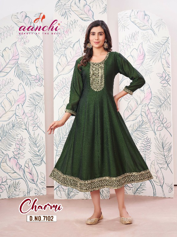 Aanchi Charmi Wholesale Flair Kali Cut With Embroidery Work Kurtis