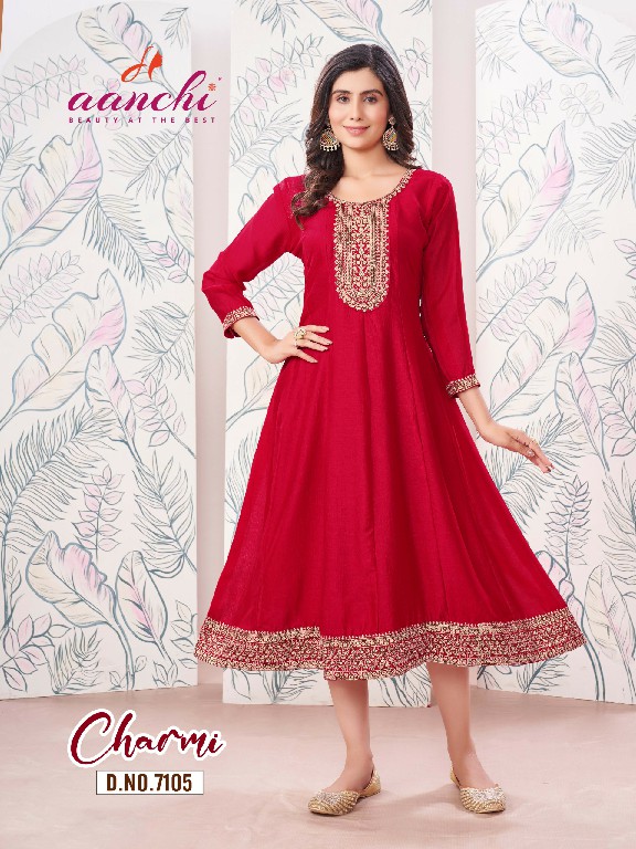 Aanchi Charmi Wholesale Flair Kali Cut With Embroidery Work Kurtis