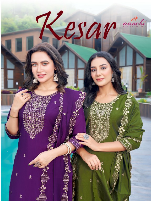 Aanchi Kesar Wholesale Roman Silk Kurtis With Pant And Dupatta