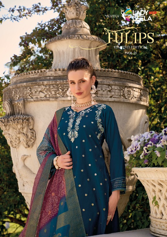 Lady Leela Tulips Vol-2 Wholesale Pure Handwork On Viscose Silk Kurtis With Pant And Dupatta