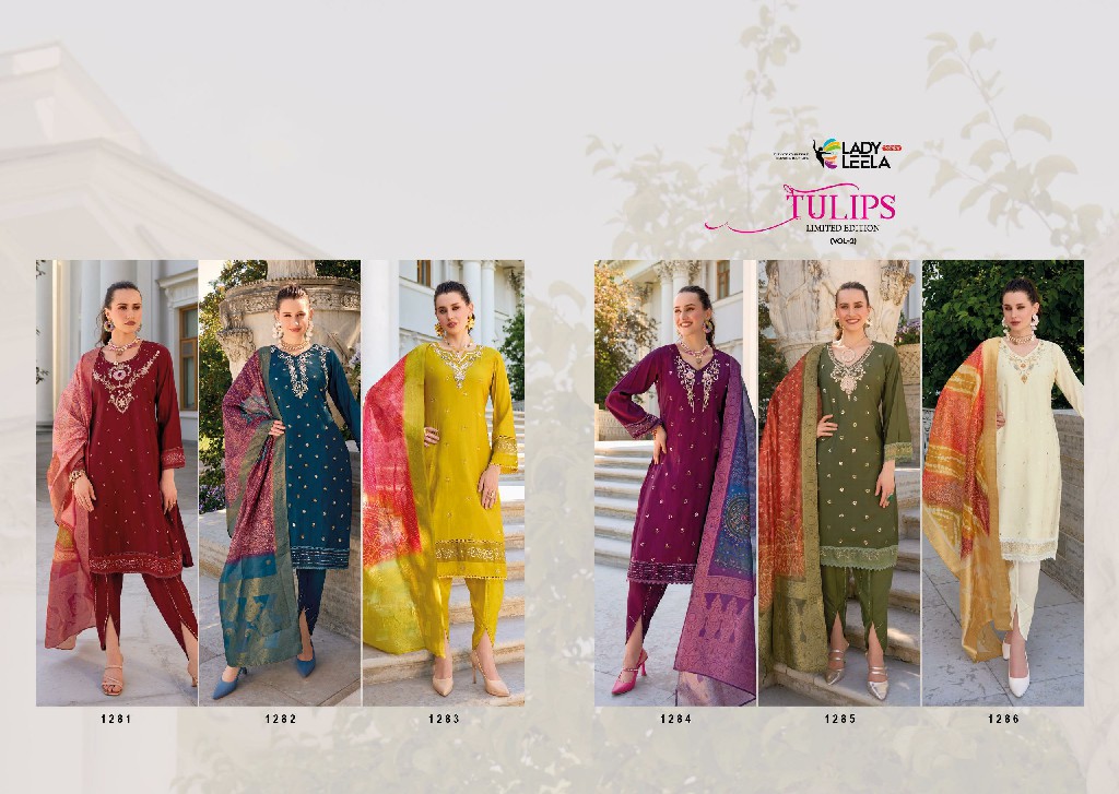 Lady Leela Tulips Vol-2 Wholesale Pure Handwork On Viscose Silk Kurtis With Pant And Dupatta