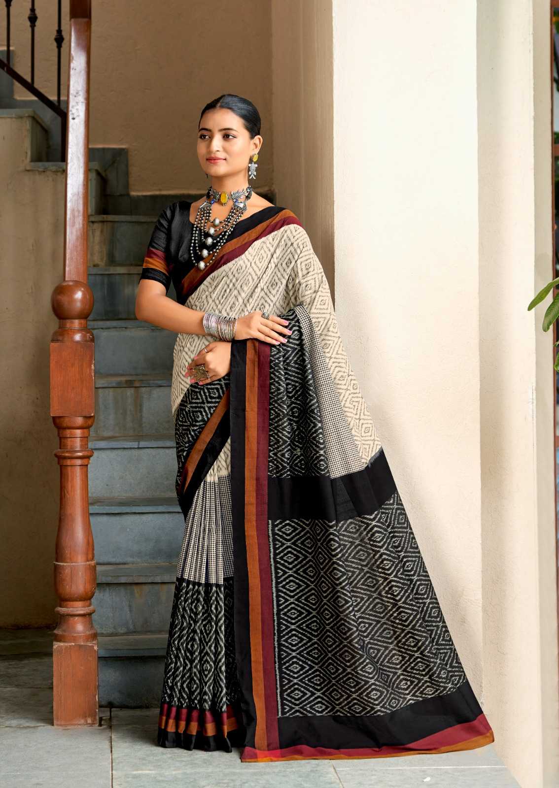 BARKHA PLUS BY SR IKKAT PRINT MUL MUL COTTON ELEGANT STYLE SAREE WITH BLOUSE