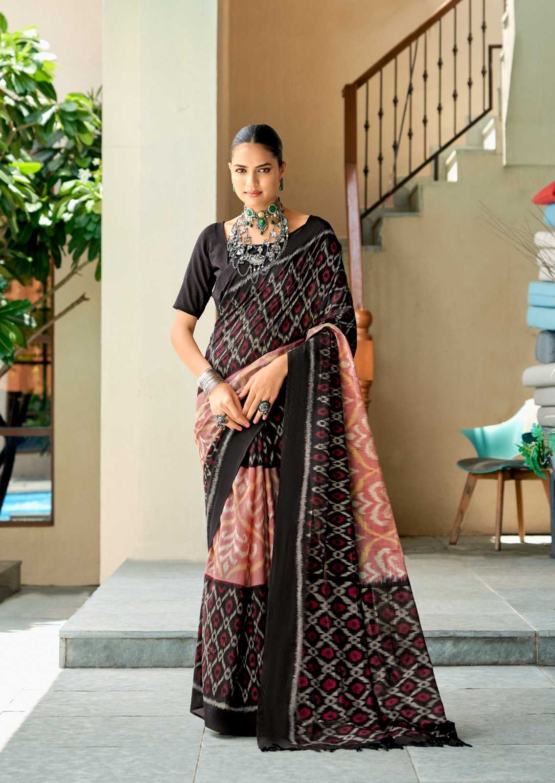 BARKHA PLUS BY SR IKKAT PRINT MUL MUL COTTON ELEGANT STYLE SAREE WITH BLOUSE