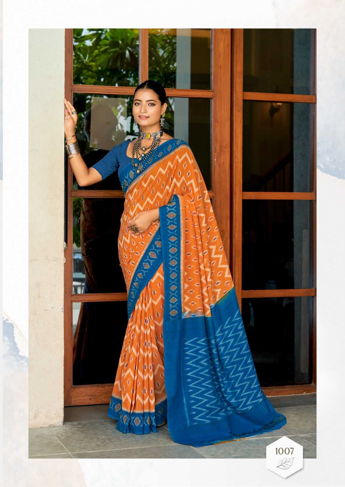 BARKHA PLUS BY SR IKKAT PRINT MUL MUL COTTON ELEGANT STYLE SAREE WITH BLOUSE