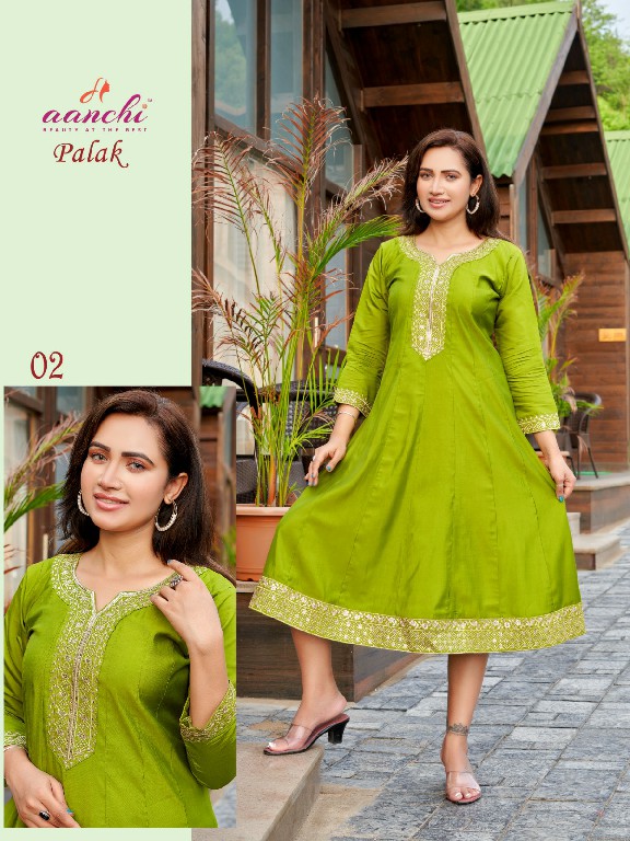 Aanchi Palak Wholesale Roman Silk Flair Cut Kurtis