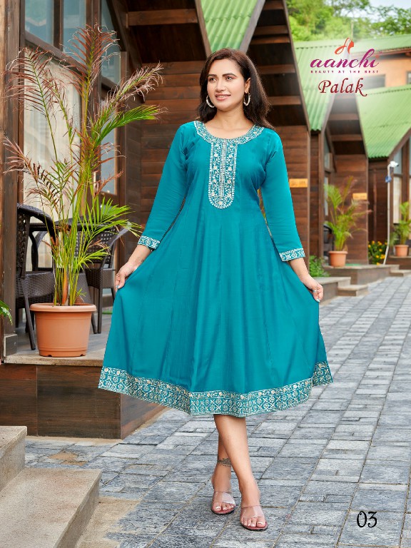 Aanchi Palak Wholesale Roman Silk Flair Cut Kurtis