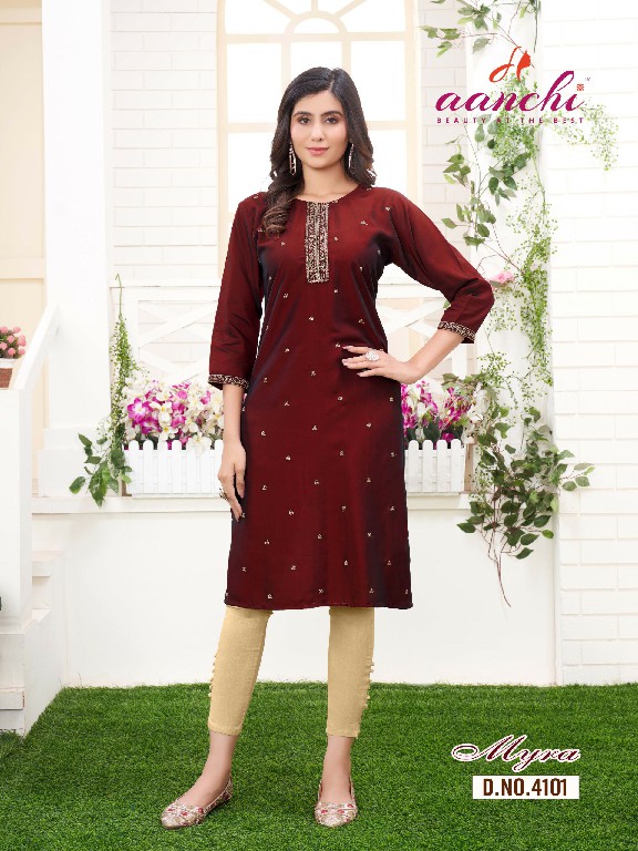 MYRA BY AANCHI RANGEELA SILK FULLY STITCH STRAIGHT CUT EMBROIDERY WORK LONG KURTI