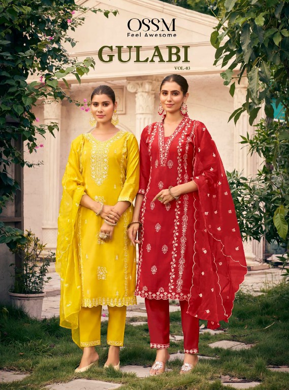 OSSM Gulabi Vol-3 Wholesale VIscose Roman Silk Kurti With Pant And Dupatta