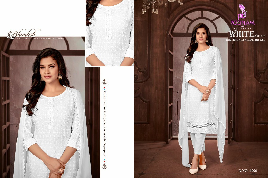 Poonam White Vol-2 Wholesale Pure Reyon Kurtis With Pant And Dupatta