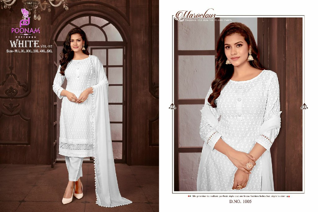 Poonam White Vol-2 Wholesale Pure Reyon Kurtis With Pant And Dupatta