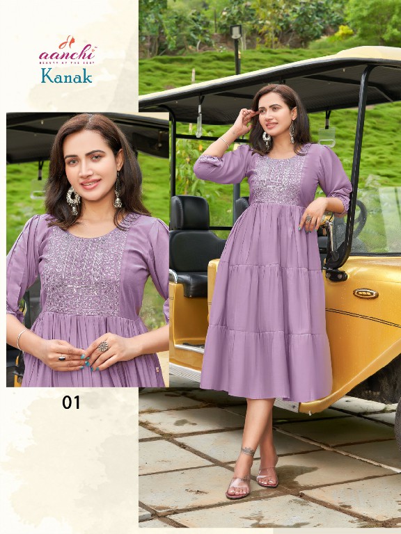 Aanchi Kanak Wholesale Roman Silk Flair Neck Anarkali Kurtis