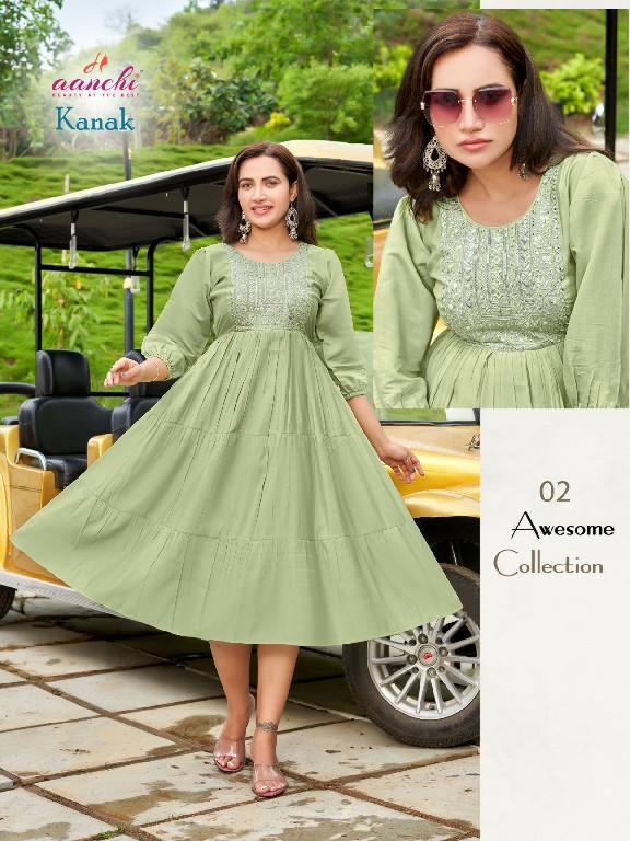 Aanchi Kanak Wholesale Roman Silk Flair Neck Anarkali Kurtis