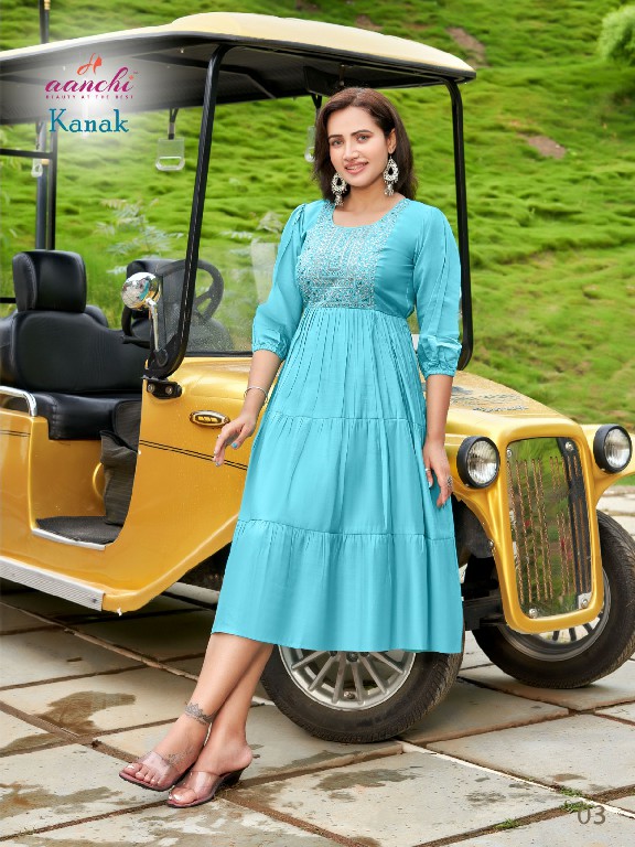 Aanchi Kanak Wholesale Roman Silk Flair Neck Anarkali Kurtis