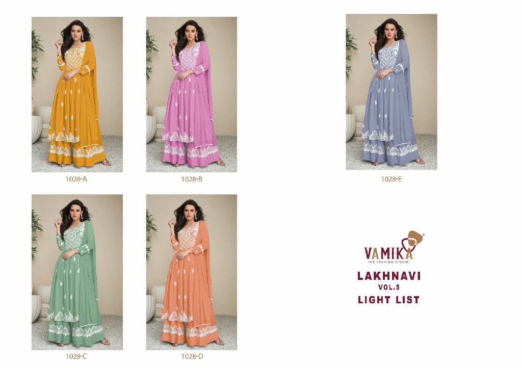 Vamika Lakhnavi Vol-5 Light List Wholesale Heavy Reyon Kurti With Plazo And Dupatta