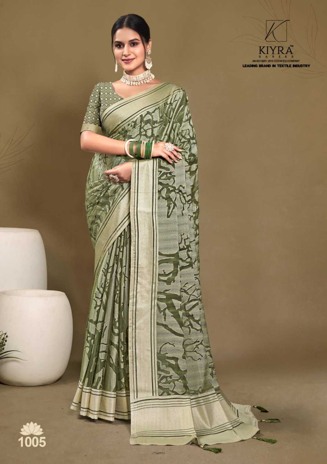 aarzoo by kiyra sarees dull moss foil printed beautiful saree