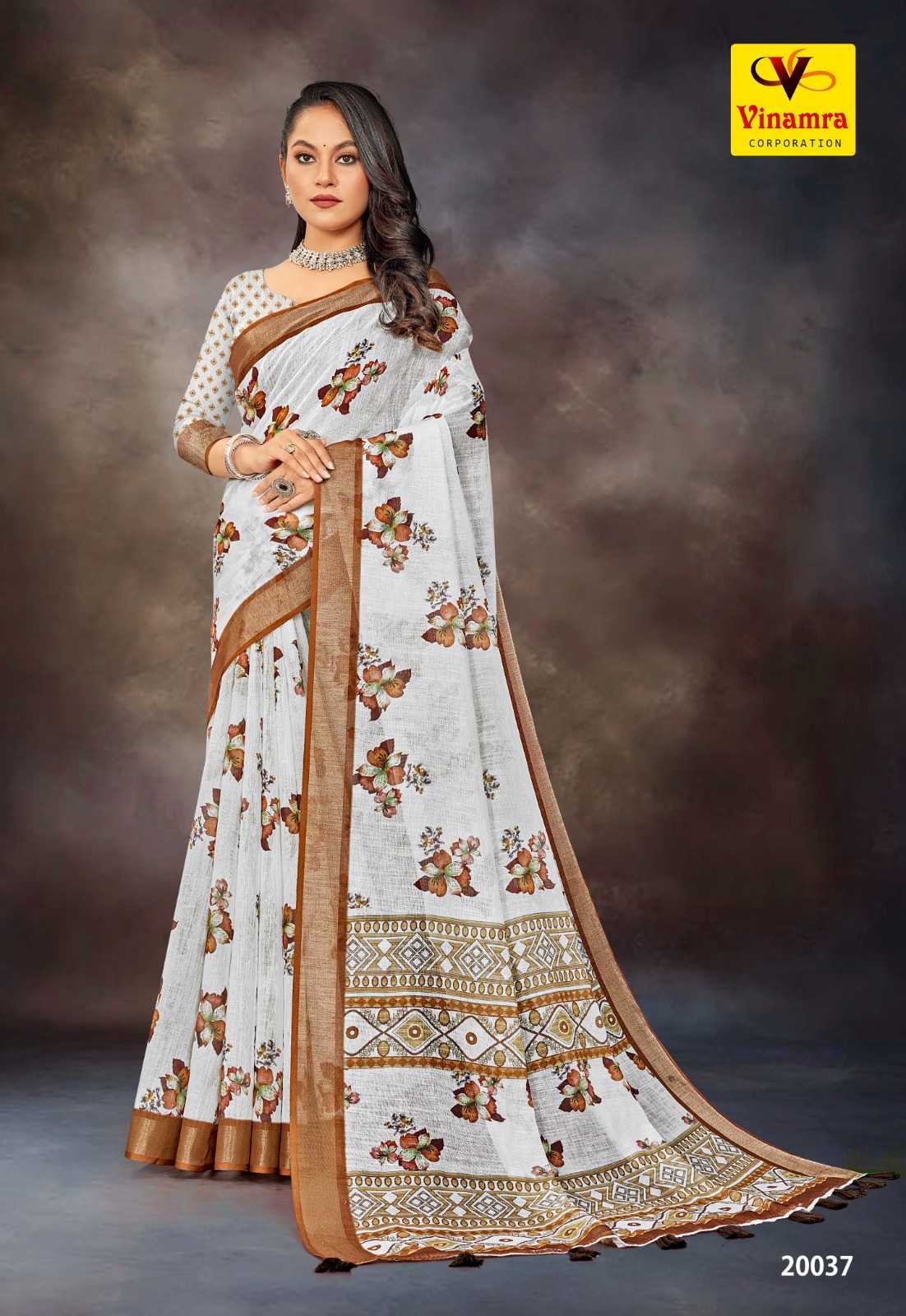 vinamra white and white vol 5 pretty look linen saree with blouse